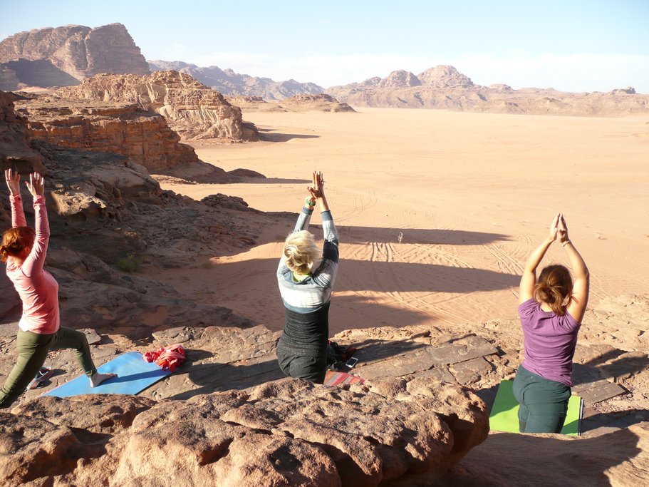 Yoga session with Wadi Rum mountain views